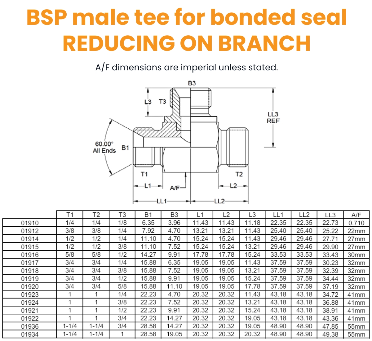 1/4 x 1/4 x 1/8 BSP M/M/M Tee For Bonded Seal On Branch Hydraulic Adaptor